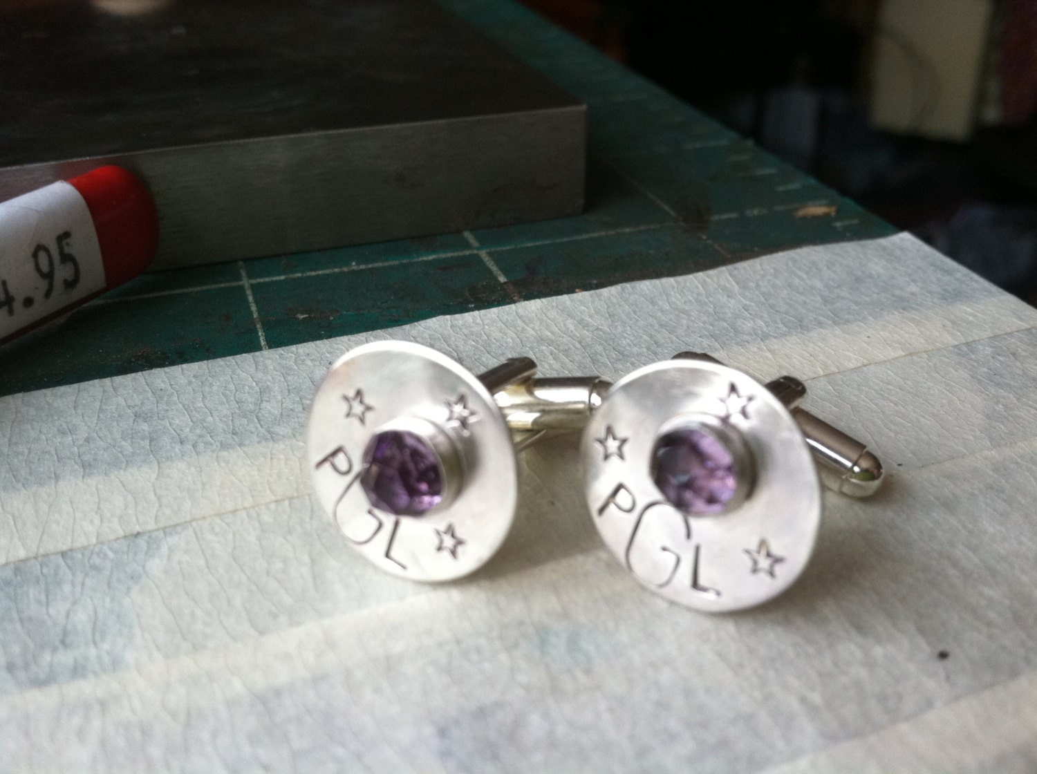 GROOM custom sterling cuff links personalized monogram stone
