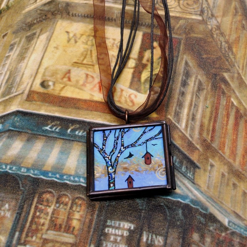 Tree of Life Necklace - Handpainted Pendant  - Birds - Bird House - Original  Dana Marie Wearable Art  - ebsq