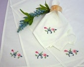 Set 4 Vintage Handmade Napkins white pink green flowers embroidery sewing antique collectibles home decor housewares linens needlecraft