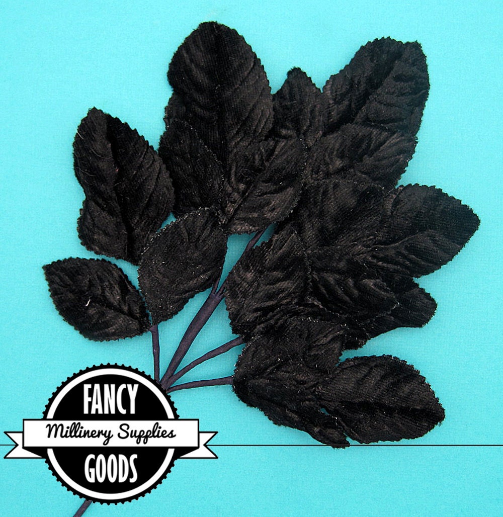 SALE - Leaf Spray - Velvet Leaves - Black - Vintage Style - Millinery Flowers