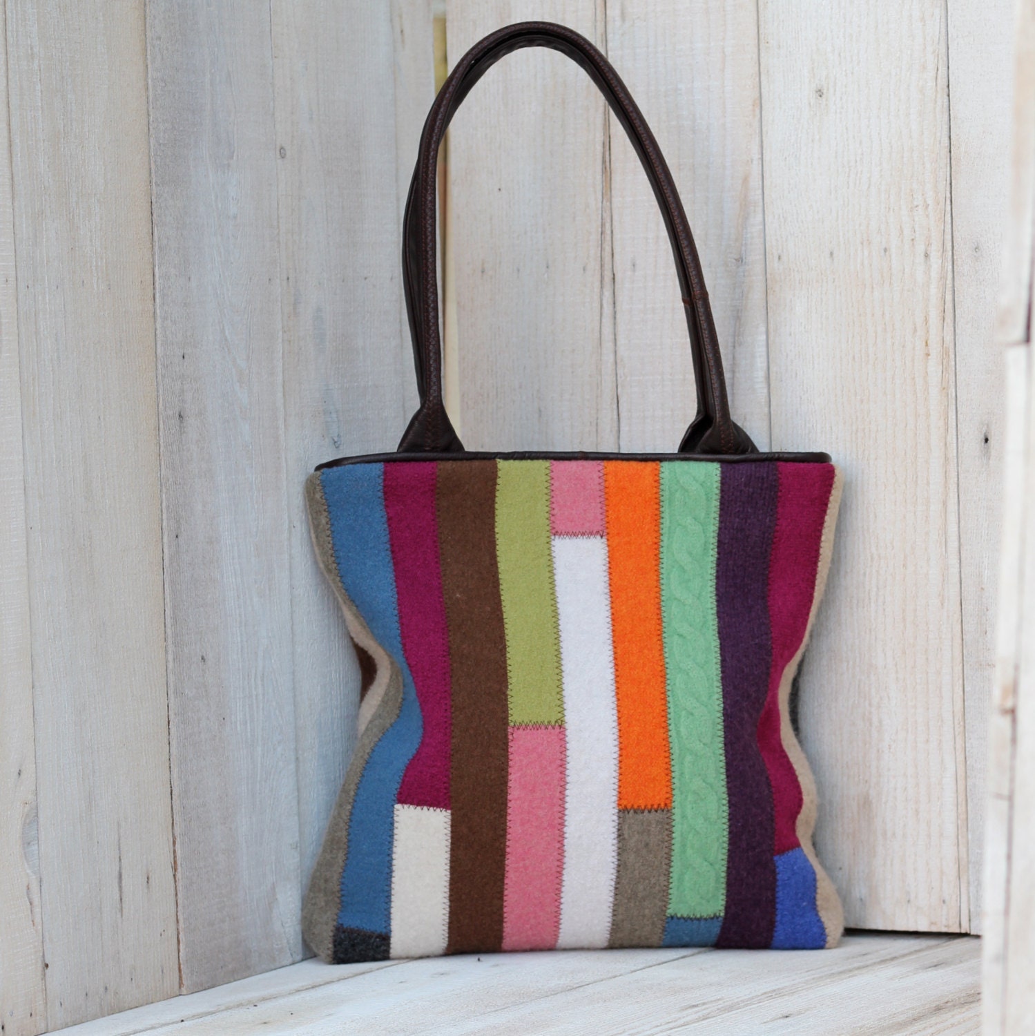 Recycled Sweater Bag - Colorful Patchwork Tote with Recycled Brown Leather Handles