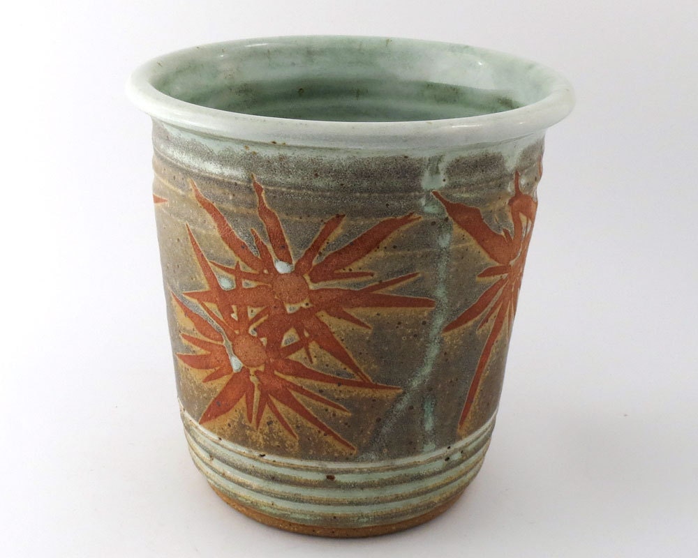 Kitchen Utensil Holder - Mint Green - Golden Caramel  - Wine chiller - Kitchen Crock - Handmade wheel thrown pottery
