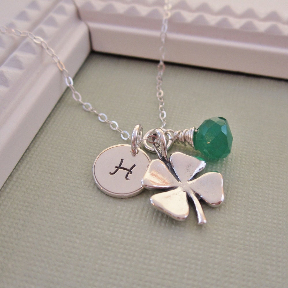 Lucky charm necklace, St. Patricks Day jewelry,  four leaf clover necklace, custom initial and birthstone, solid sterling silver charm