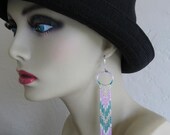 Long Seed Bead Chain Hoop Earrings - Teal Green/PinkyOrchid
