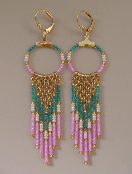 Seed Bead Chain Hoop Earrrings - Dark Teal Green/PinkyOrchid