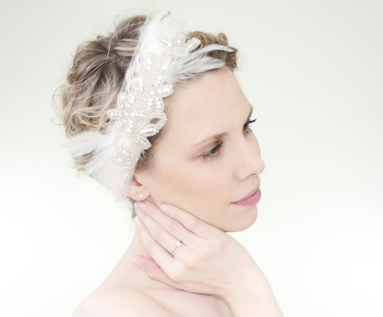 Bridal Bandeau1920's Ivory Headband Summer Vintage Weddings Beaded Soft Tulle Headpiece Swarovski Crystal