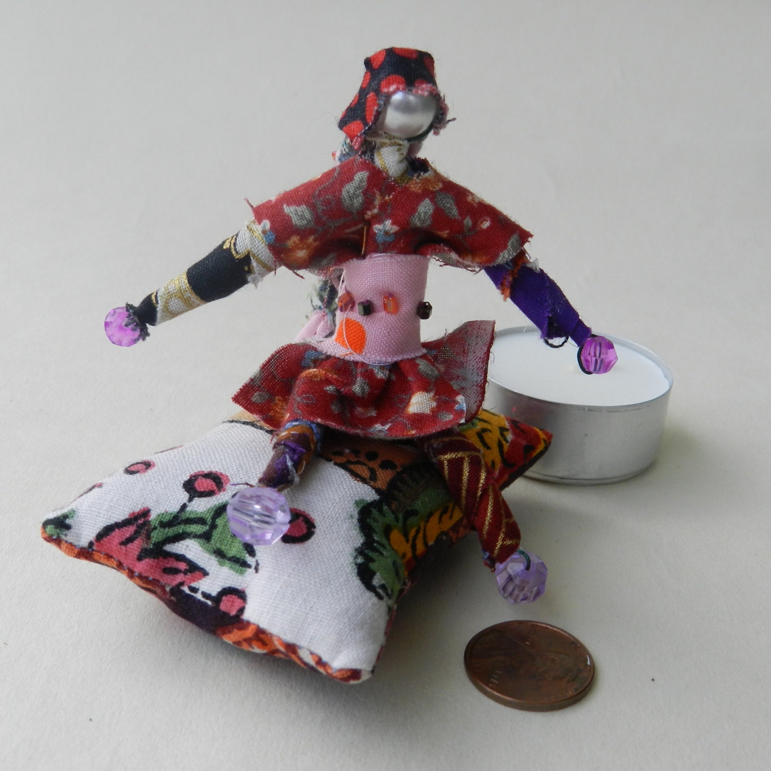 Red Liberty Style Print Wish Doll with Lilac and Magenta Beads and Lavender Fragrant Pillow Sachet