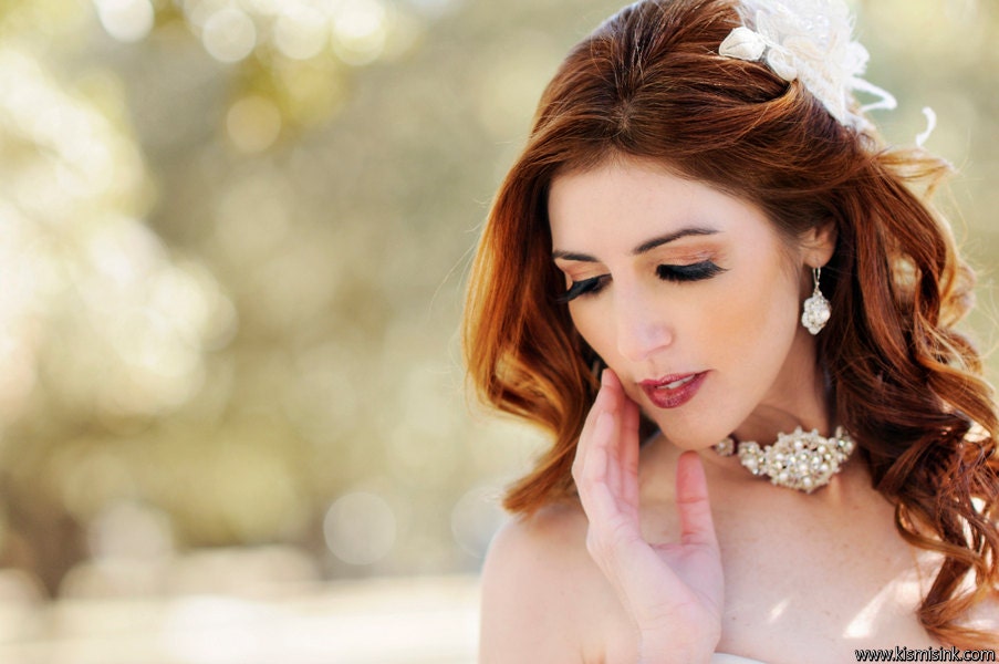 Wedding Rhinestone Earrings / Dainty Silver Bridal Jewelry / Ivory Freshwater Pearls / "Aiglentine"