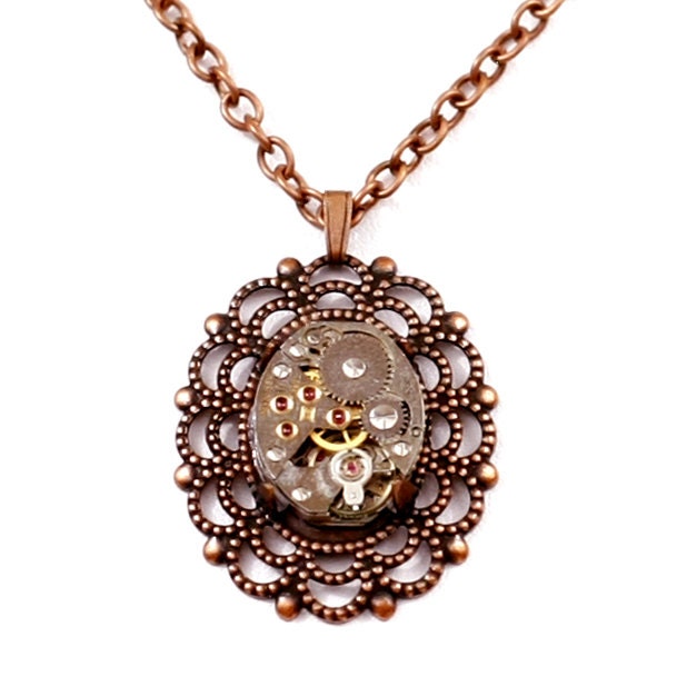 Steampunk Neo-Victorian Lolita Copper Wreath Filigree Necklace with Vintage Watch Movement by Velvet Mechanism