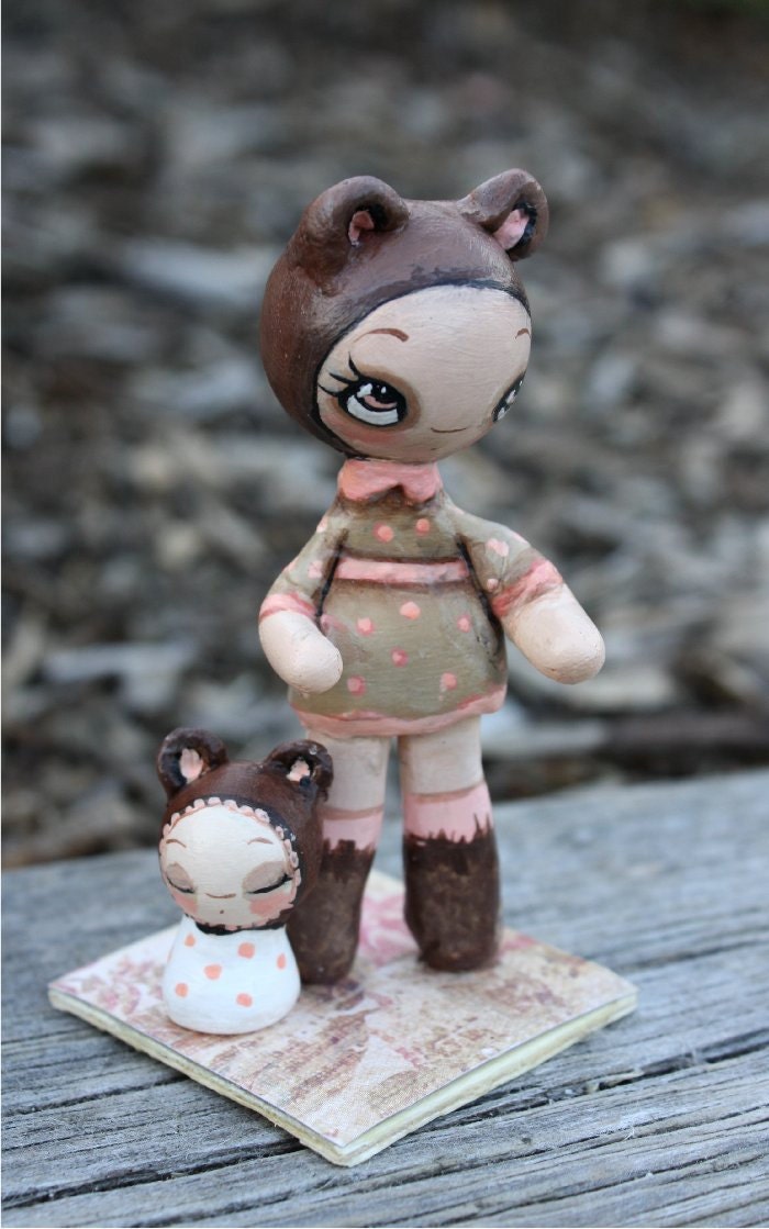 Bear Doll Animal Mom And Baby Porcelain OOAK Art Doll---Mother's Day