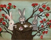 Tea Party Print---Rabbit Cupcake Friends Poppy Art---Tea At The Poppy Tree 5 x 7
