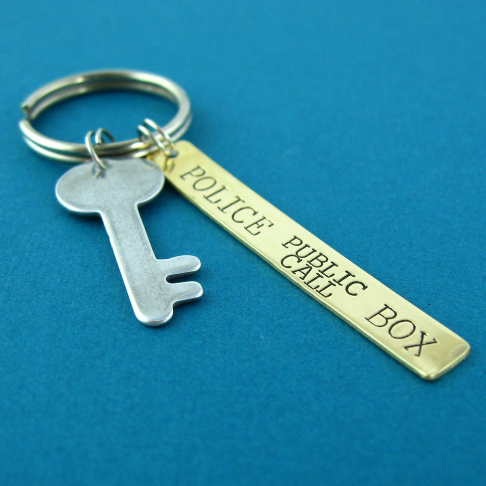 Doctor Who Tardis Key Keychain - Hand Stamped in Brass and Aluminum - Doctor Who Key Chain