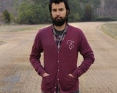 Custom monogram cardigan - MENS/UNISEX - XS-L - personalized gift - hand-printed initial on jersey blend sweaters in heather cranberry
