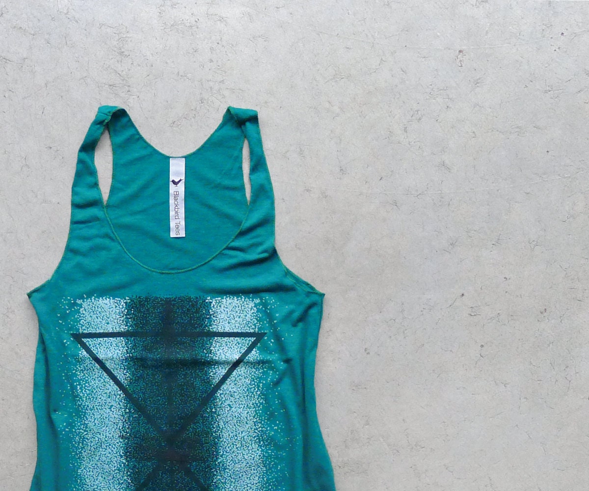 The Palindromes. tank top women. geometric tank. women tank. reflected triangle print. summer fashion. emerald green, black, white