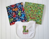 Personalized Embroidered Baby Bib with Burp Cloth, Sock Monkey Gift Set, Monogrammed Baby Set, Baby Shower Gift Set