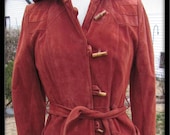 Vintage hippie 1970s dark Rust color Suede long maxi dress toggle buttons hooded long coat