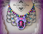 33% OFF  Sale Couture Fashion SKULL Colored Rhinestone BiB Statement Necklace crystals colorful  vintage pink purple emo urban glitter blin