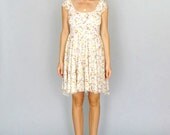 Faye: Floral printed stretch lace dress scoop neck back dip circle skirt cap sleeves