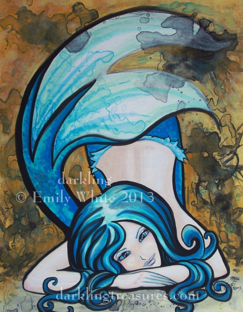 Blue Dutchess sweet Mermaid Fantasy art Original Painting 11 x 14 blue black gold splotchy with ACEO print