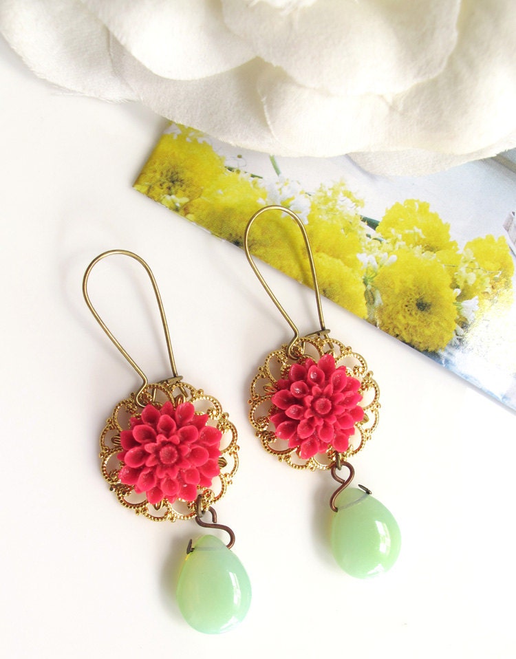 Vintage Style Red Chrysanthemum with Jade Green Glass Drops, Dangle Long Earrings, For Her, For Mom, Mother.