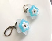 Romantic Spring Floral Earrings. Nature Lucite Snow White Sheer flowers, Blue and White Czech glass flowers Nicke Lead free Drop Earrings