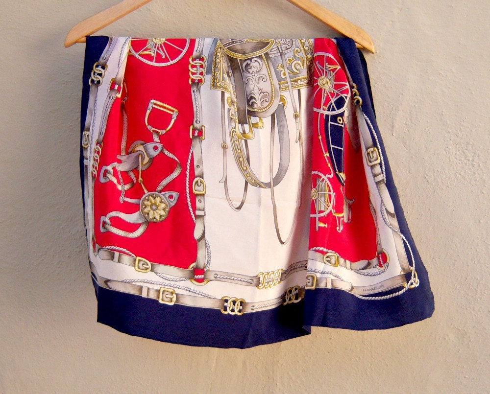 Vintage equestrian scarf // Hermes style // PARNASSIENS // red white blue gold // hand rolled edges // 30 x 29