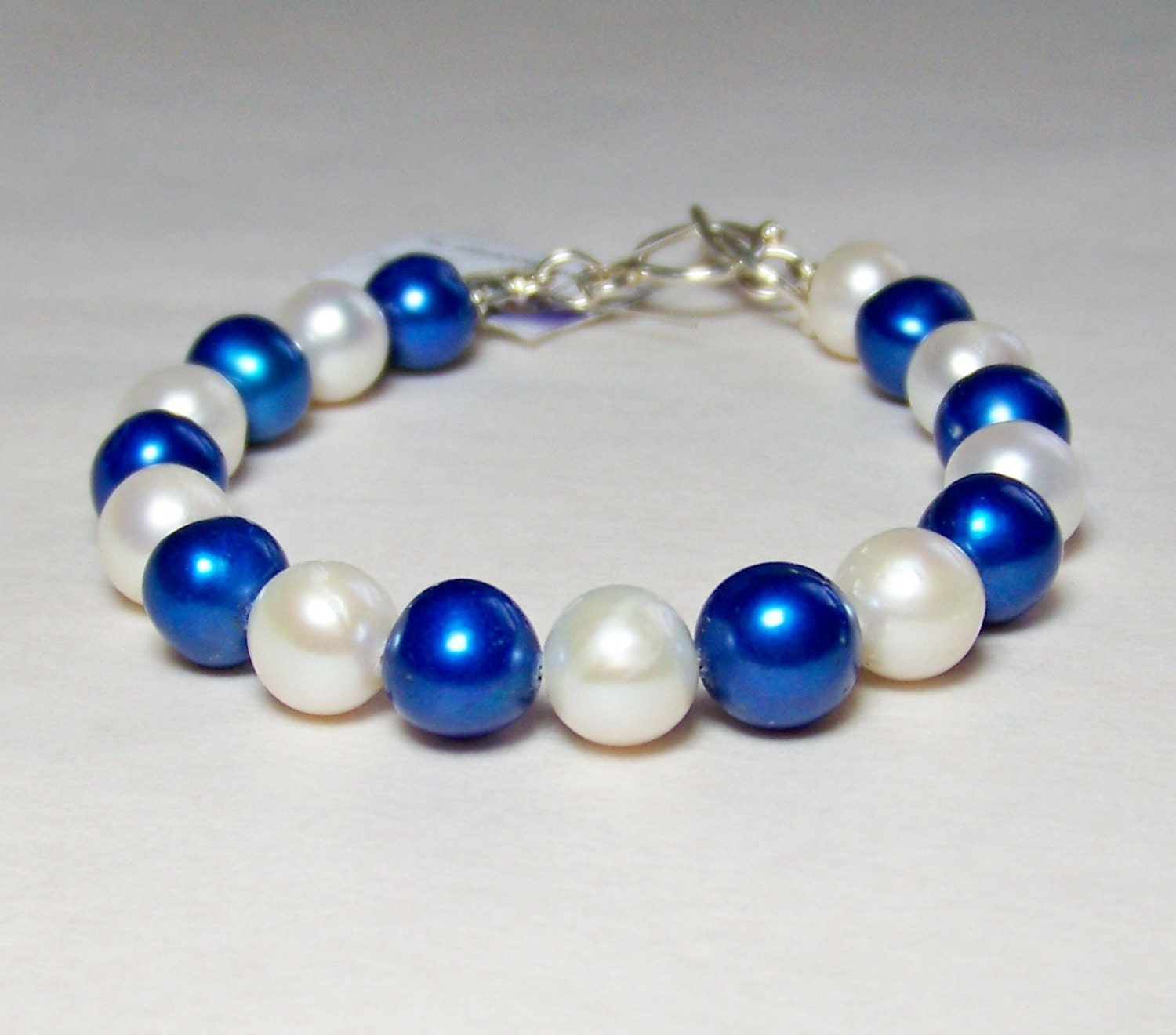 Bright blue and white freshwater pearl and sterling silver bracelet