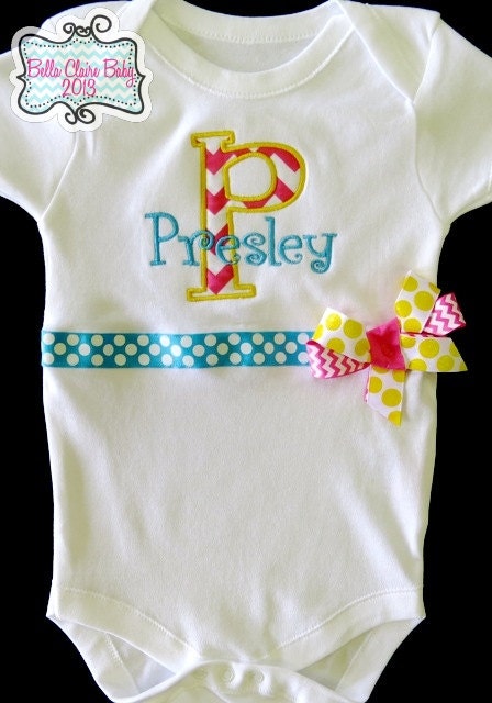 Spring Fling Chevron Initial bodysuit onesie for baby girls toddler- Embroidery Custom Order- Hot Pink Turquoise Yellow Polka Dot Bows