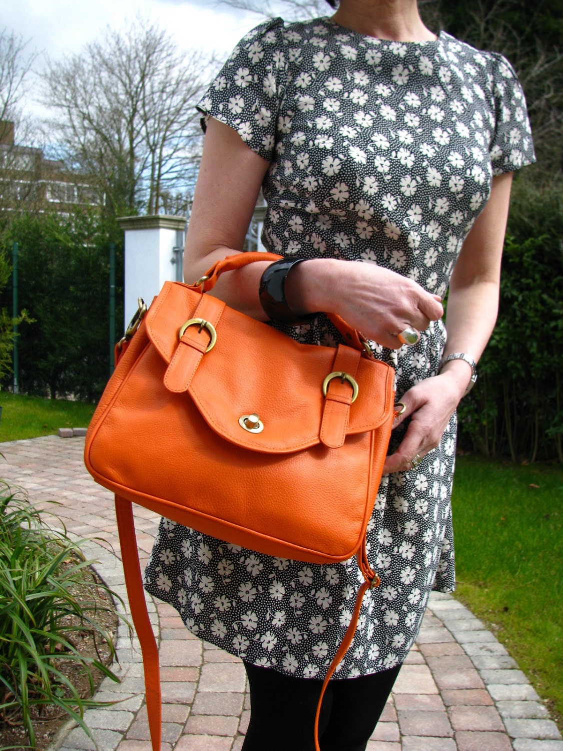 Leather Handbag Satchel Orange