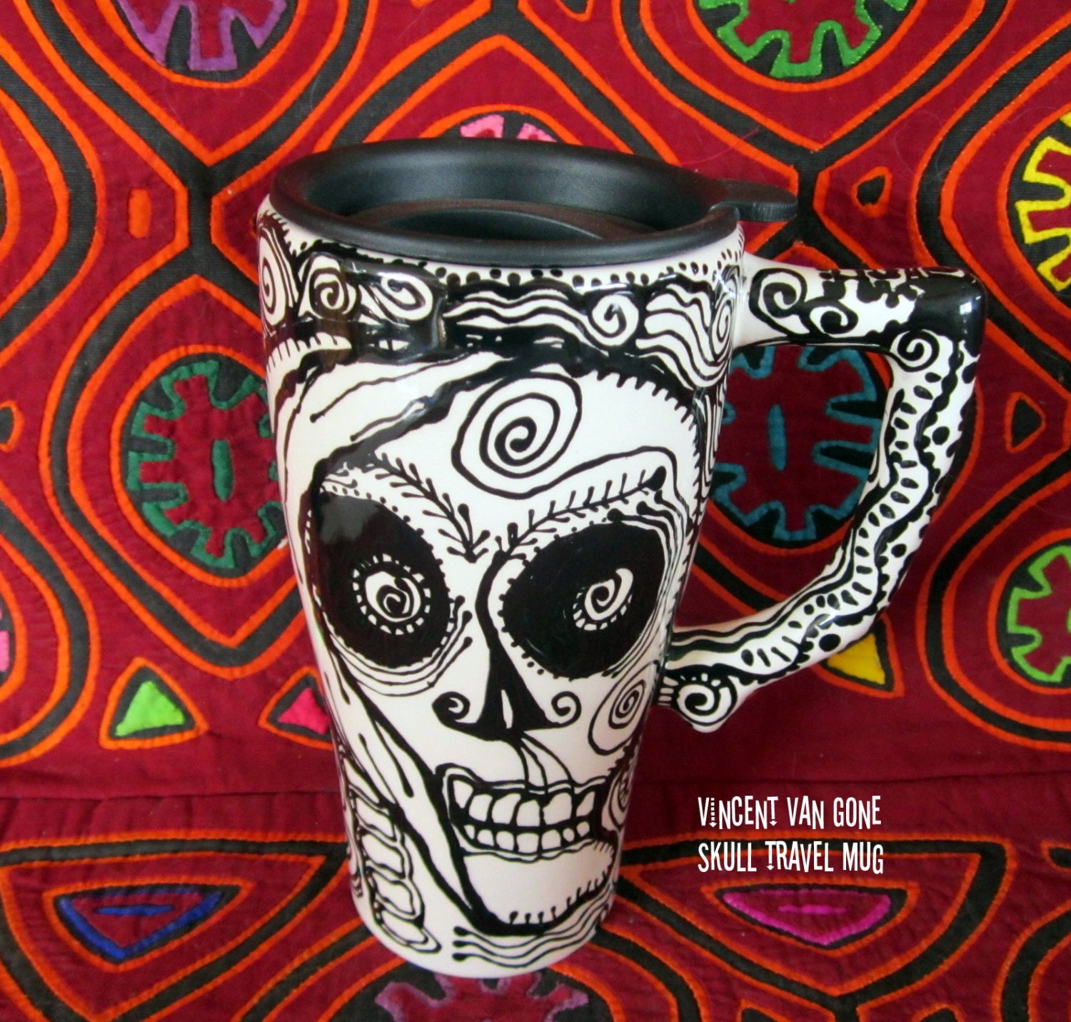 Vincent Van Gogh Skull 16 oz Ceramic Travel Mug Handpainted Design for Day of the Dead and Beyond