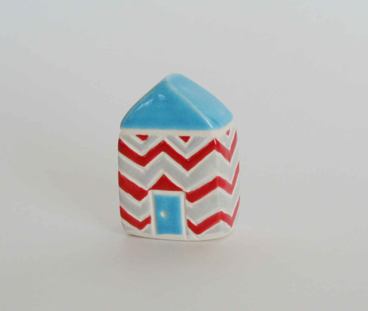 Chevron  little clay house red aqua blue gray zigzag miniature ceramic pottery home cottage
