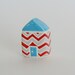 Chevron  little clay house red aqua blue gray zigzag miniature ceramic pottery home cottage