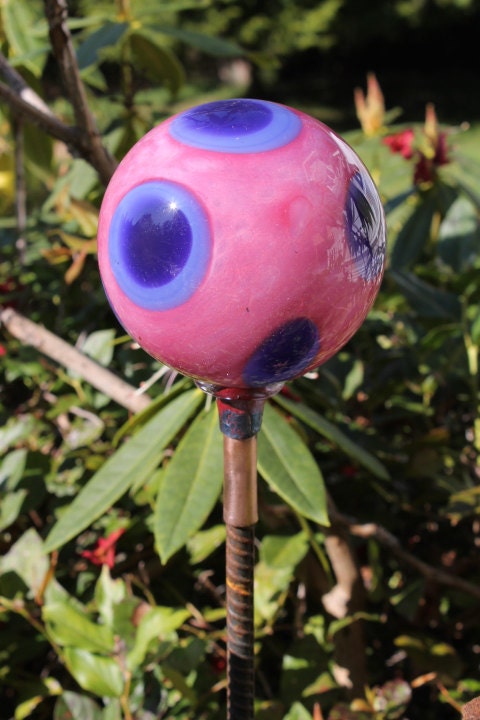 NEW ITEM Pastel Pink Designer Dot Hand Blown Glass Orb or Garden Ball Art Sculpture Outdoor Decoration