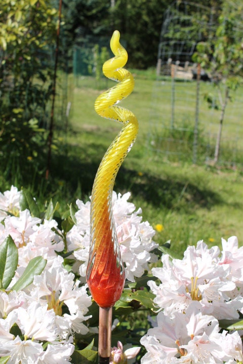 Mandarin Orange to Yellow Glass Piggy Tail Glass Garden Art Sculpture Garden Finial Outdoor Decoration