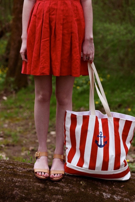 Beach Bag Large Red Stripe with Anchor, Nautical Beach Bag, nautical tote bag