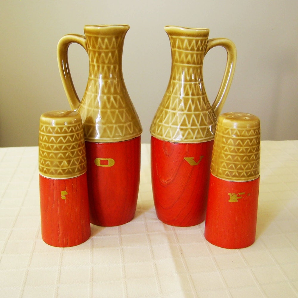 Wood And Ceramic Cruet Set - Oil And Vinegar, Salt And Pepper