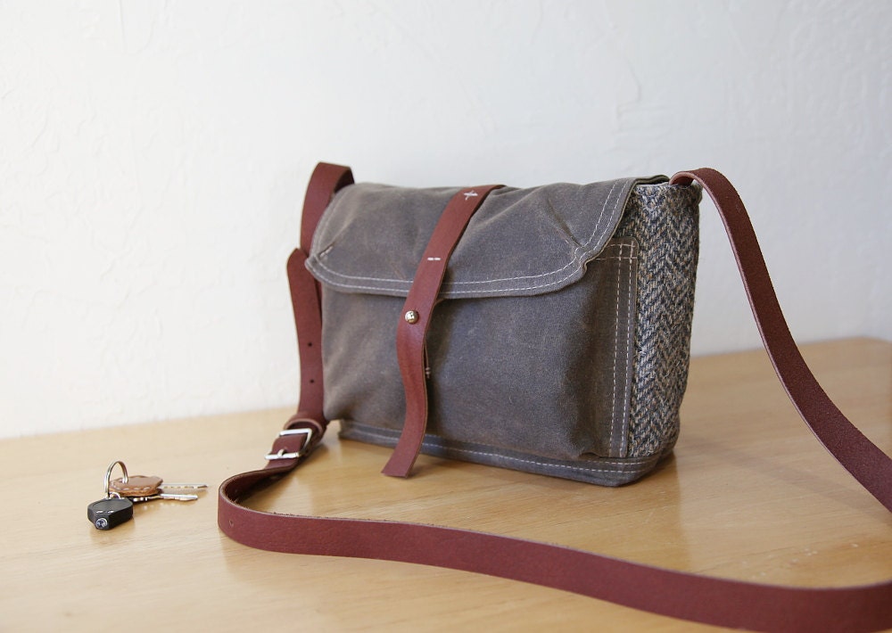 Waxed Canvas, Wool and Leather Satchel // Herringbone // Weather Resistant // Organic Cotton Canvas Lining