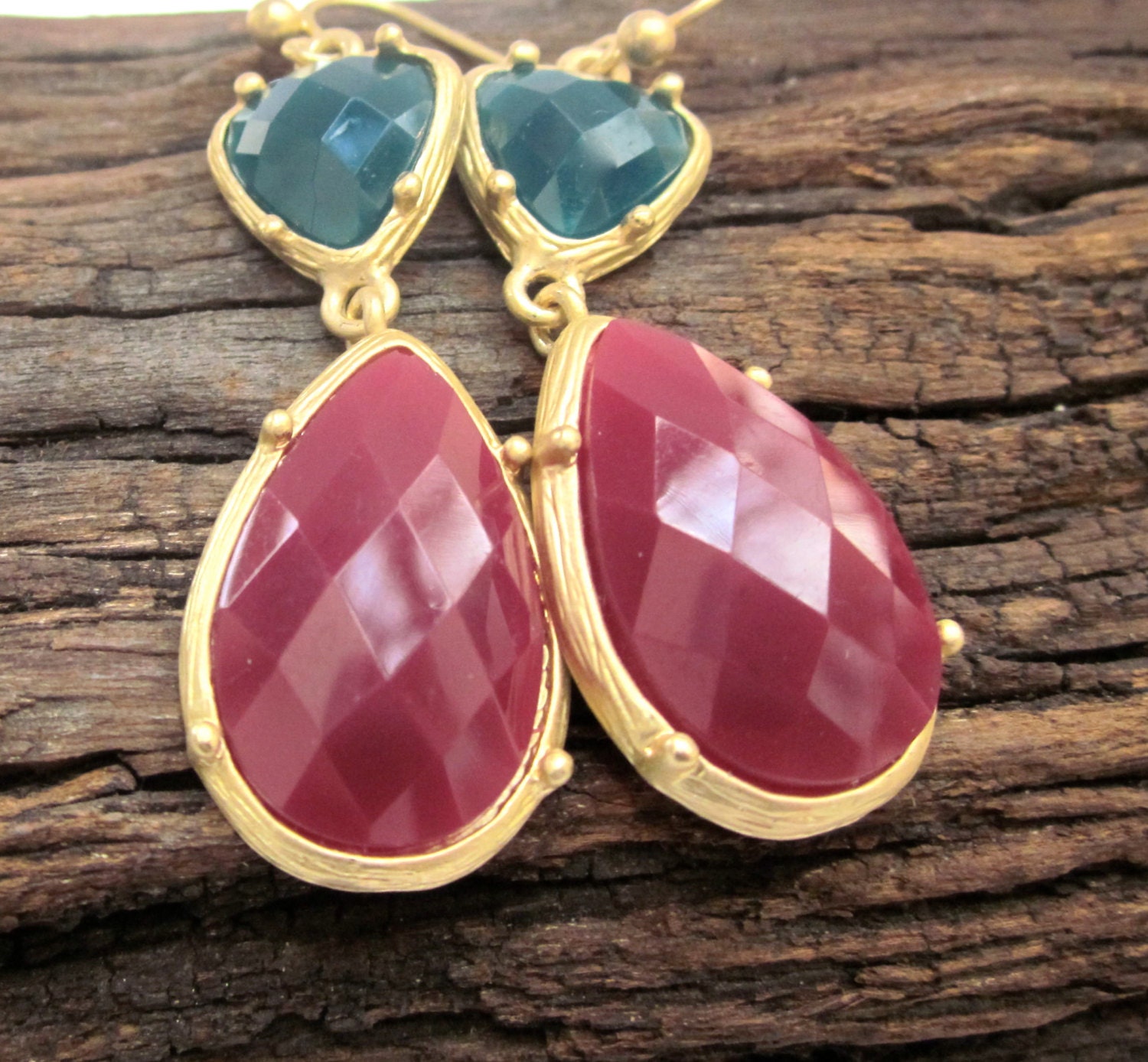 aqua green and red color block earrings