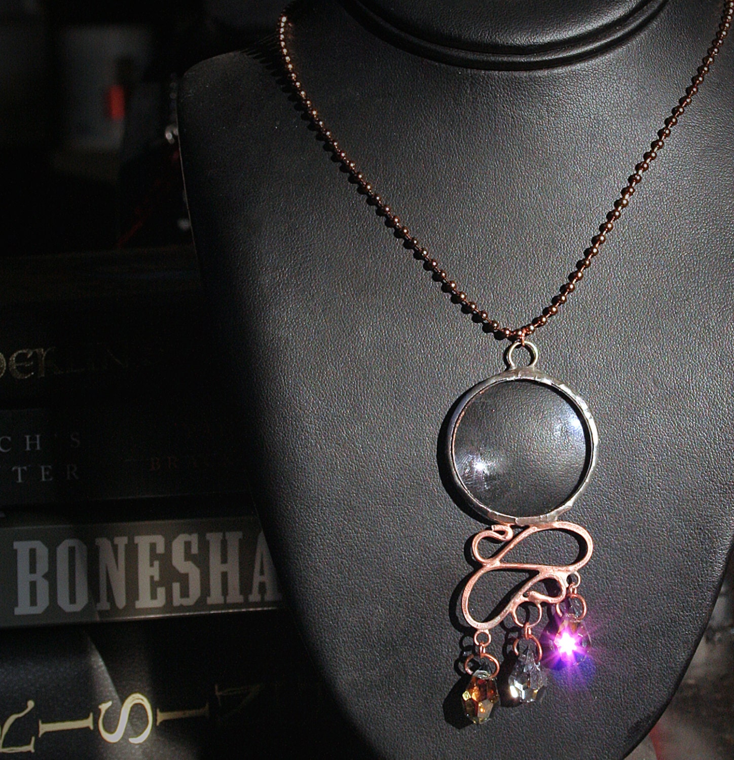 Lens & Hammered copper Necklace with crystal accents