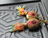 metallic gold, amethyst,fuchsia jewel-toned clay and vibrant hot pink ,fiery orange and aqua seedbeads gold earrings - The Summer Goddess