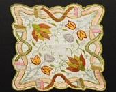 Vintage Hand Embroidered Square Doiley/Mat - Jacobean Style Floral Motifs.
