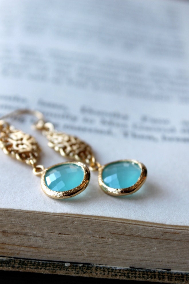 Turquoise Blue, Gold Framed Earrings, Gold Finish, Semi Translucent, Dangle Earrings