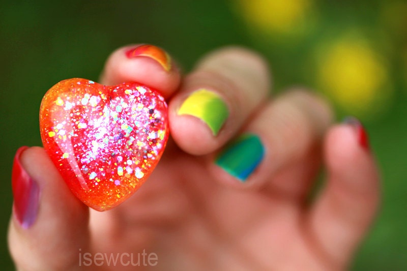Beach Bright Orange Pink Glitter Ring - Sparkly Heart Jewelry, Colorful Tropical Resin Heart Shape Adjustable Ring, handcrafted by isewcute