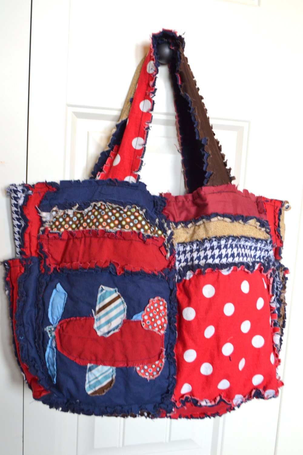 RAG PURSE, Vintage Airplane Diaper Bag, Quilted Tote, Red, Blue, Made To Order