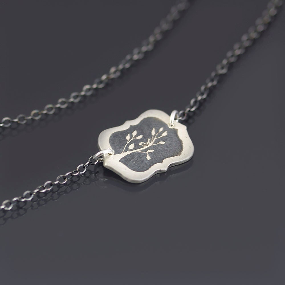 Framed Bird on Branch Necklace - Spring Nature Jewelry - Oxidized Etched Sterling Silver by Lisa Hopkins