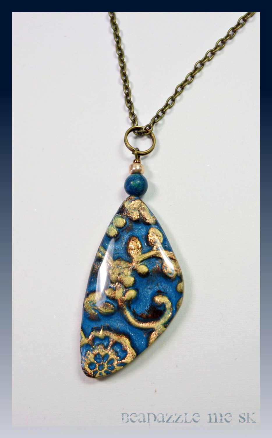 Turquiose & Bronze Vintage Inspired Pendant Necklace, polymer clay jewelry