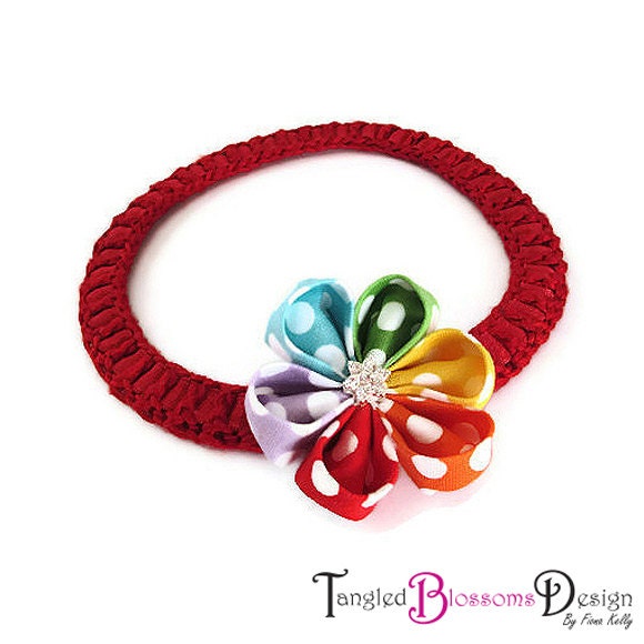 Baby Headband Diamante Kanzashi Flower and Silk Crochet band Newborn Girl Rainbow Dot Red Orange Yellow Blue Green Lilac Riley Blake Fabric