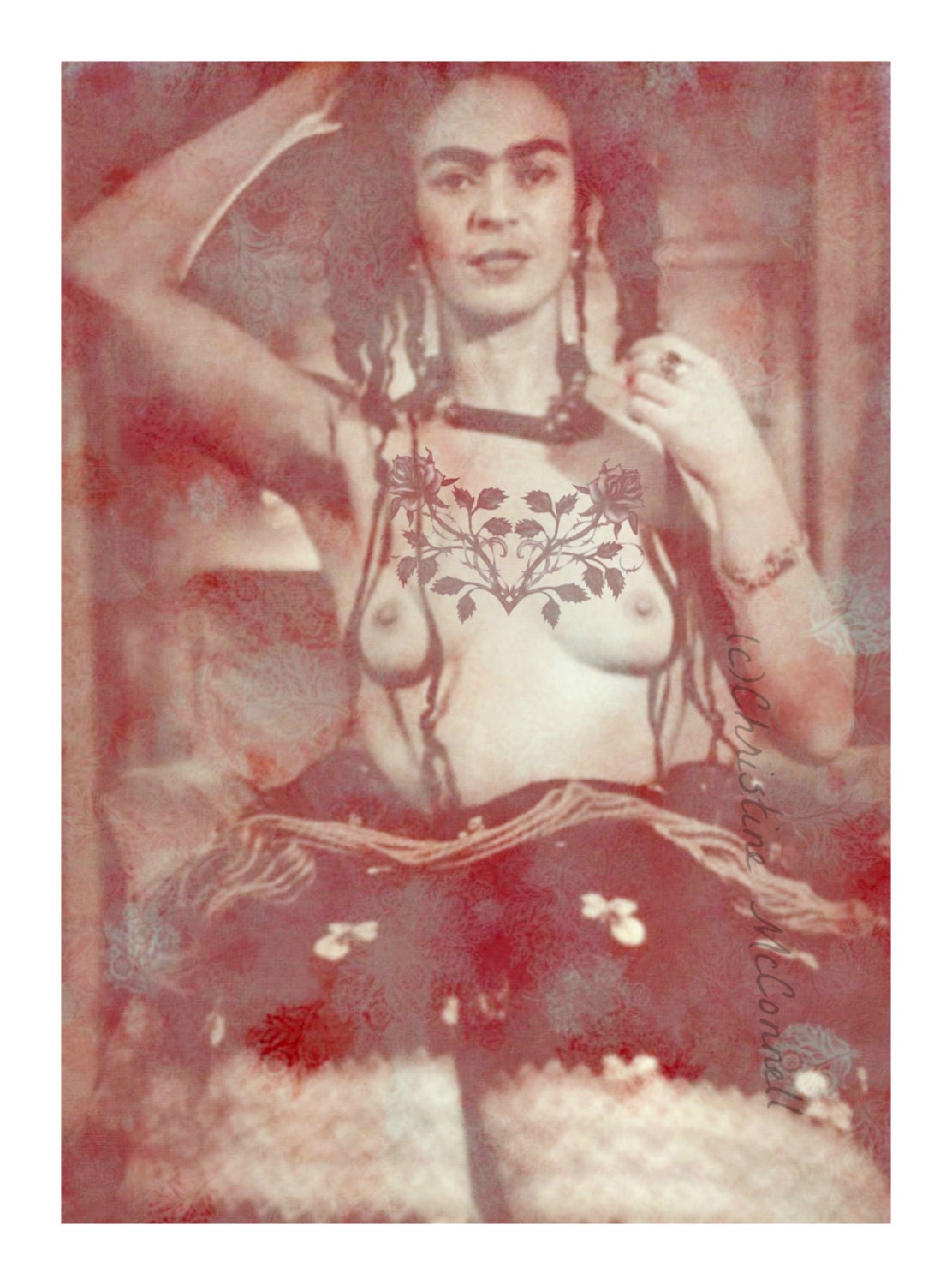 Frida Kahlo Rose Tattoo Art Print Original 5x7 Photomontage Signed Mixed Media Collage Modern Dreamy Romantic Decor