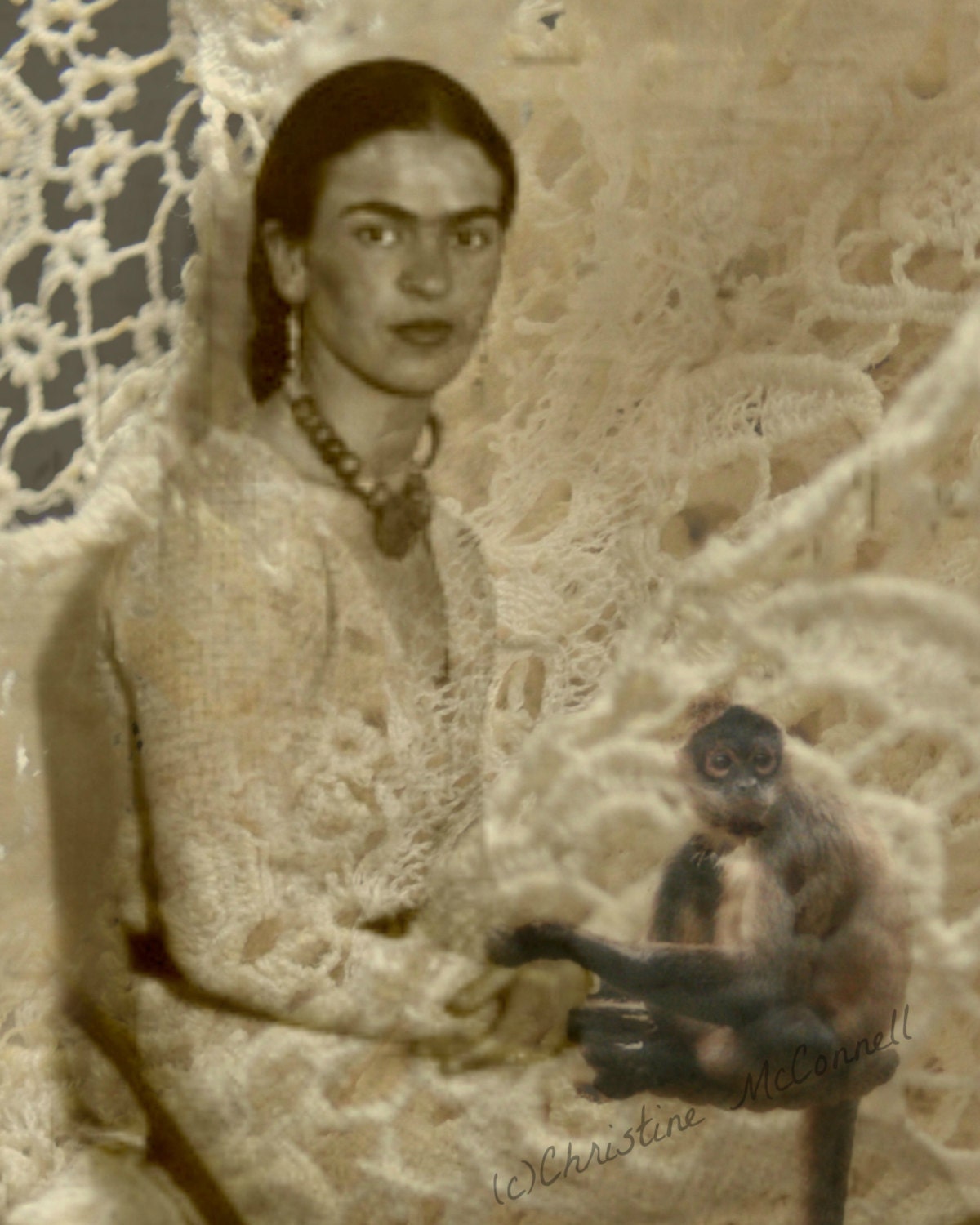 Frida Kahlo Art Print Quote Original Digital 8x10 Signed Mixed Media Monkey Photomontage Vintage Lace Wall Modern Home Decor
