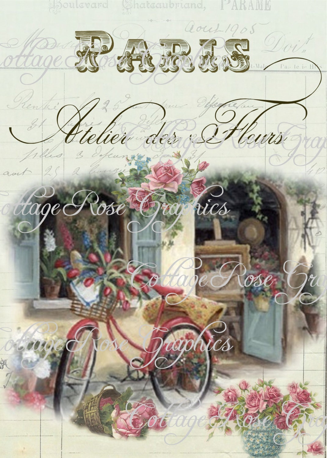 Large digital download  Paris French flower shop pink roses image Atelier des Fleurs ECS BUY 3 get one FREE